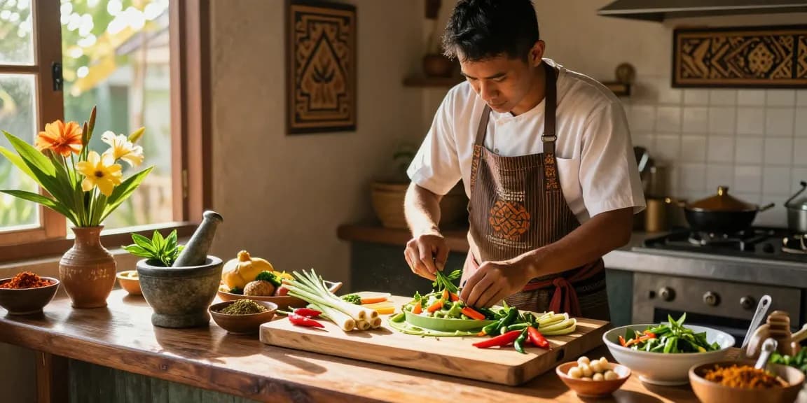 Preparing fresh Thai green curry with ingredients in a rustic kitchen, showcasing the art of Thai cooking and traditional flavors of สล็อต.