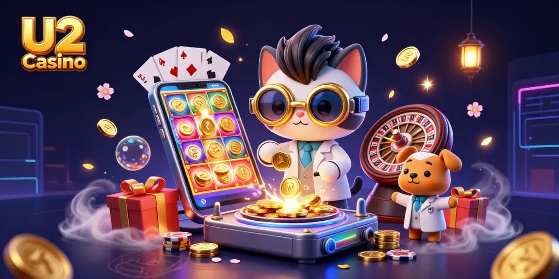 Engage in thrilling gameplay at U2 Casino with colorful slots and golden coins erupting.