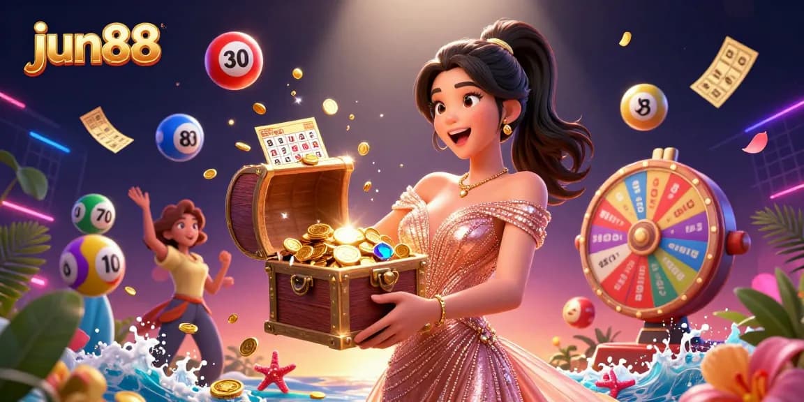 Experience the thrill of winning at jun88 with a vibrant treasure chest overflowing with riches.