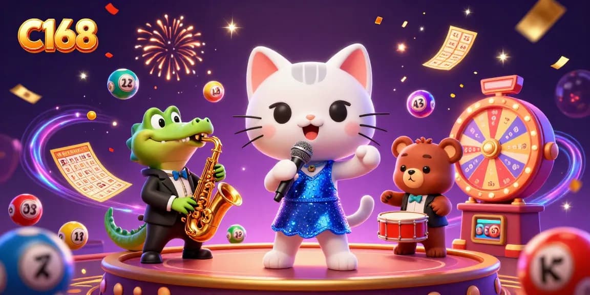 Celebrate with C168's vibrant casino atmosphere featuring singing cats and music.