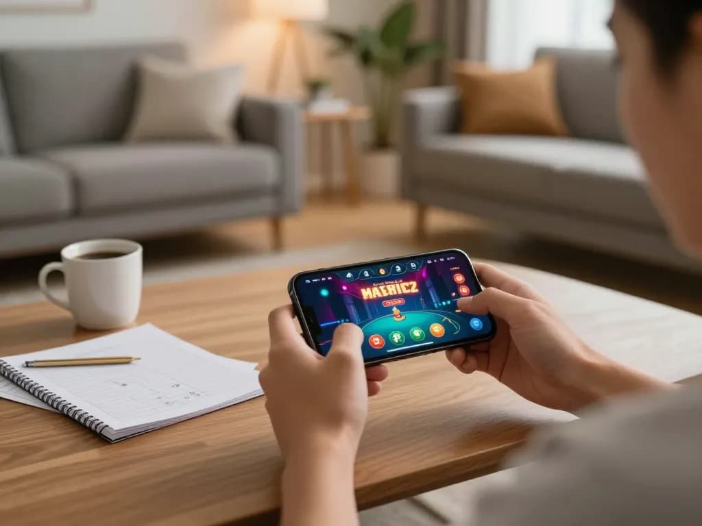 Pemain berinteraksi dengan aplikasi kasino tenku-ichiba sambil menikmati suasana rumah yang santai, menekankan permainan mobile modern.