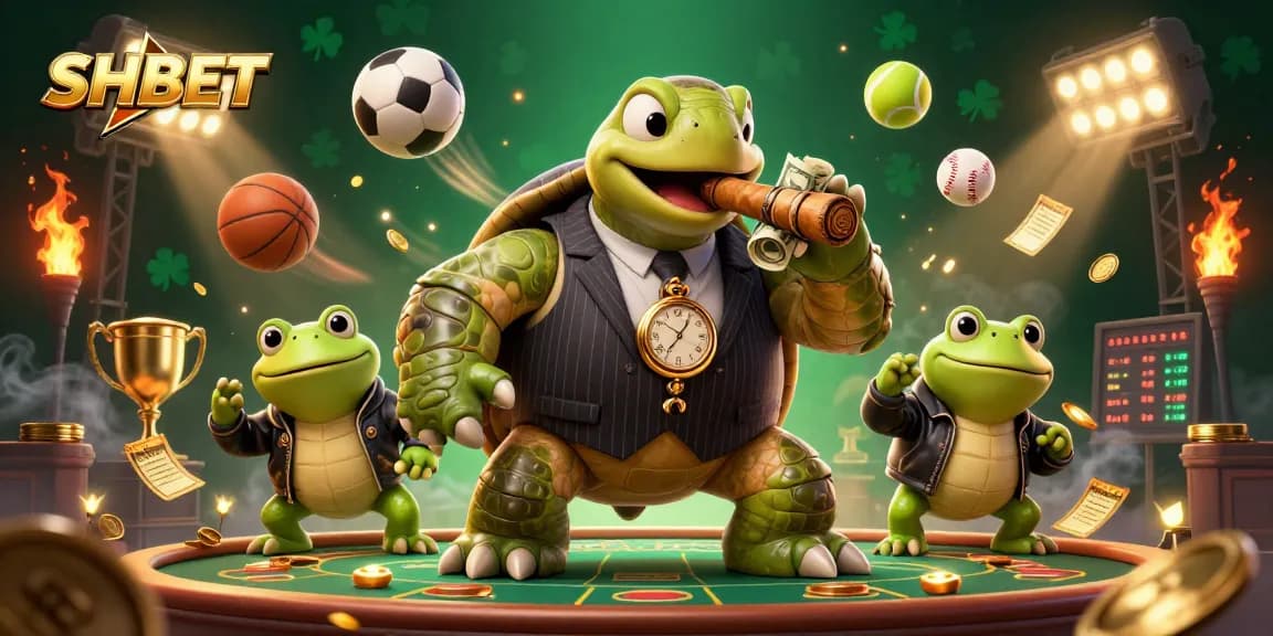 Experience winning with SHBET featuring a 3D snapping turtle and bullfrog enforcers among casino elements.