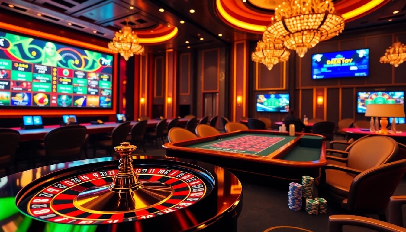 Players enjoying thrilling online gambling at rr88.com with vibrant poker chips and roulette wheels.