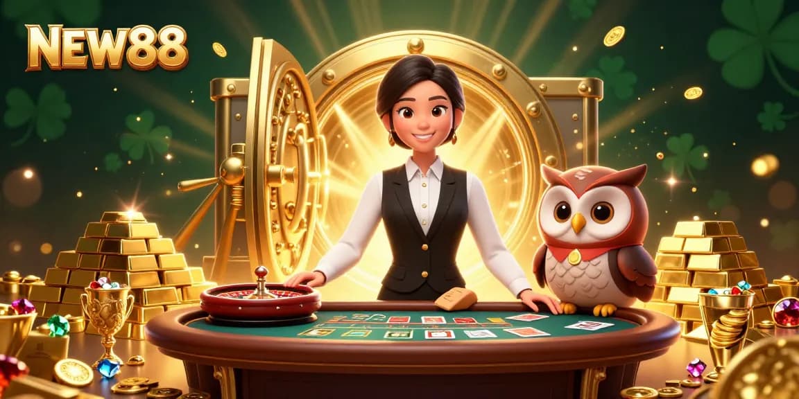 Experience the excitement of NEW88 with a warm Asian dealer and charming owl assistant around a luxurious baccarat table.