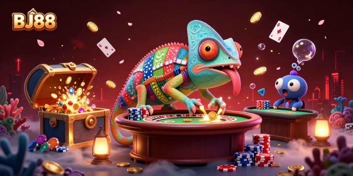 Join the excitement at BJ88 Casino featuring a vibrant chameleon owner and dynamic gaming elements.