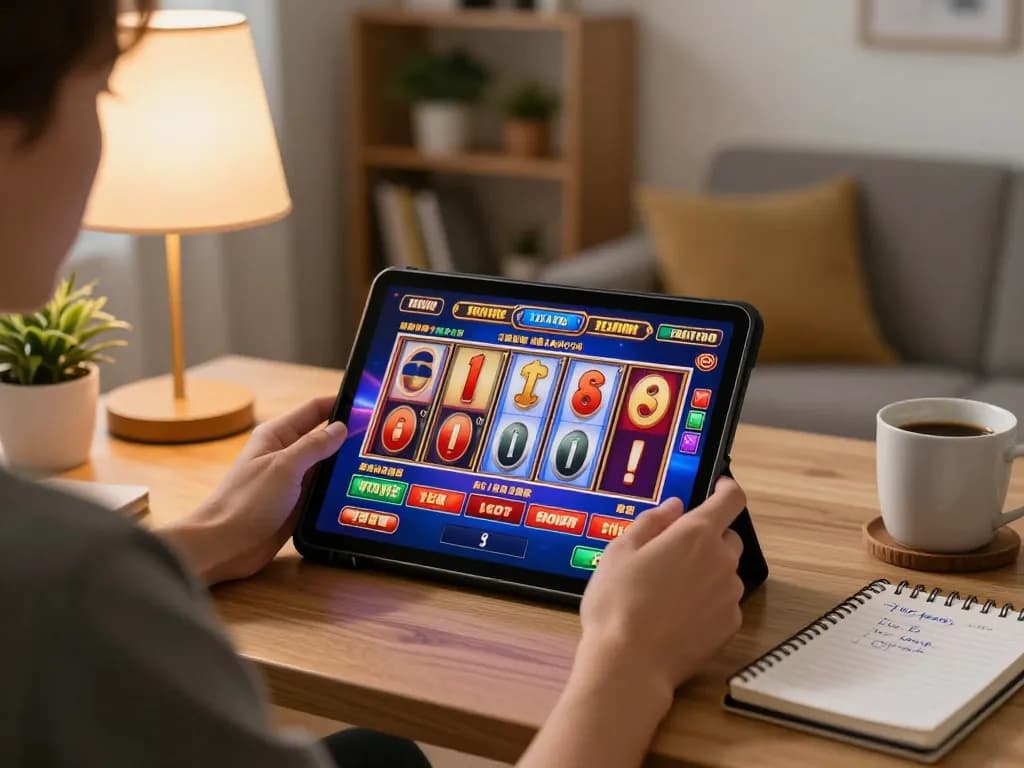 Pemain yang terlibat memutar gulungan slot online di tablet, menampilkan pengaturan permainan di rumah