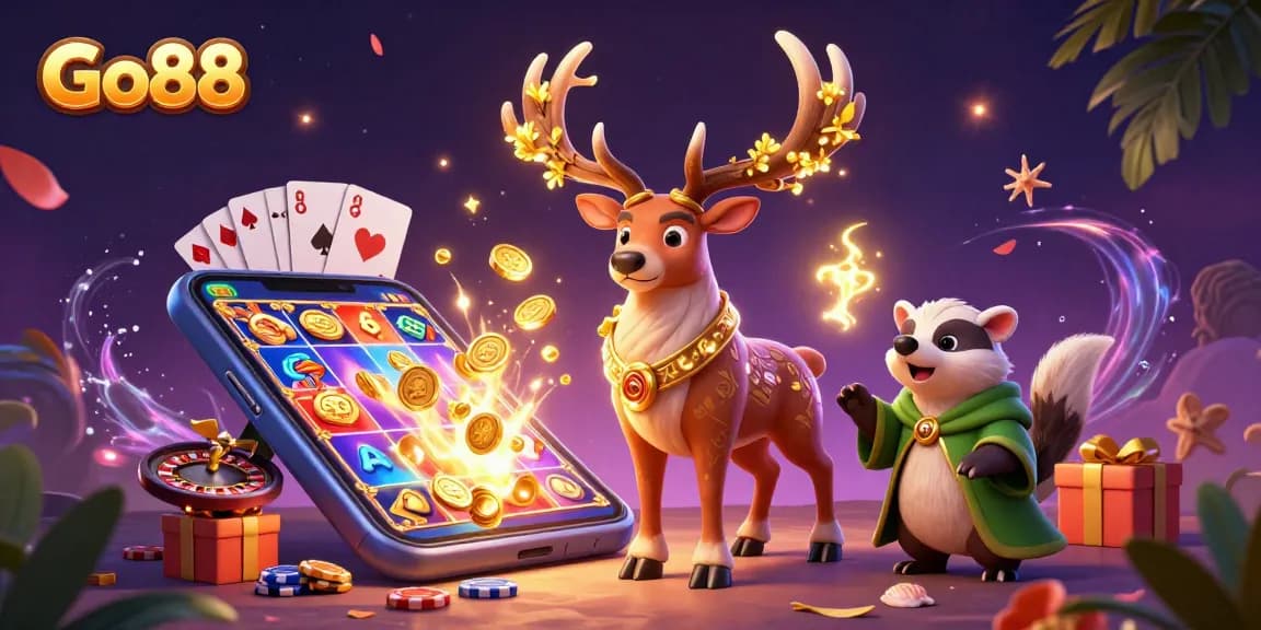 Experience the excitement of Go88 with vibrant casino games and dynamic characters in a magical setting.