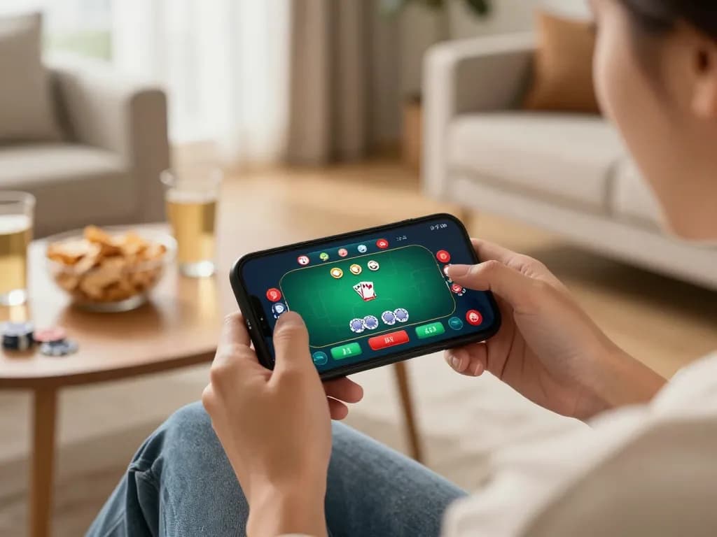 Tg888 player enjoying a poker game on smartphone in cozy living room setting