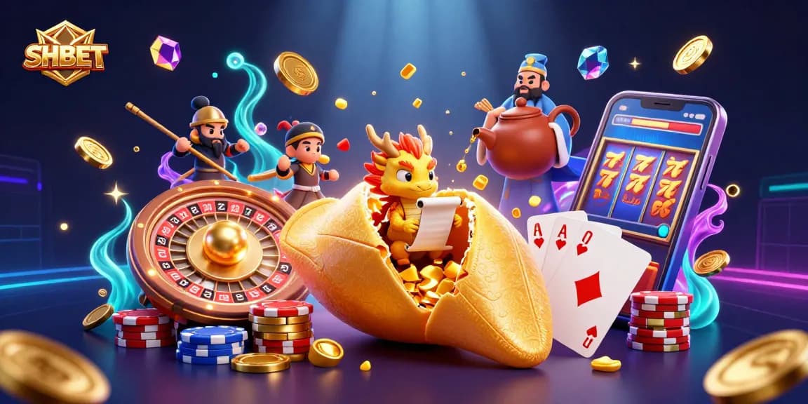 Experience the thrill of SHBET with an exhilarating 3D casino scene featuring golden treasures and dynamic characters.