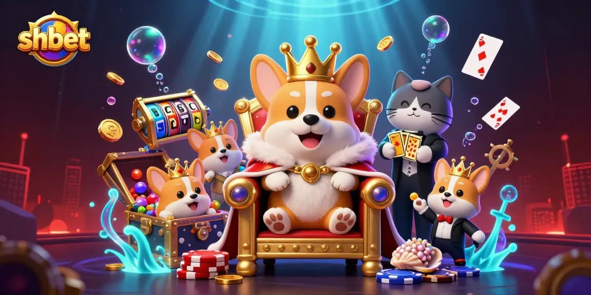 shbet offers a vibrant scene of a royal corgi on its throne amid thrilling casino elements like slot reels.