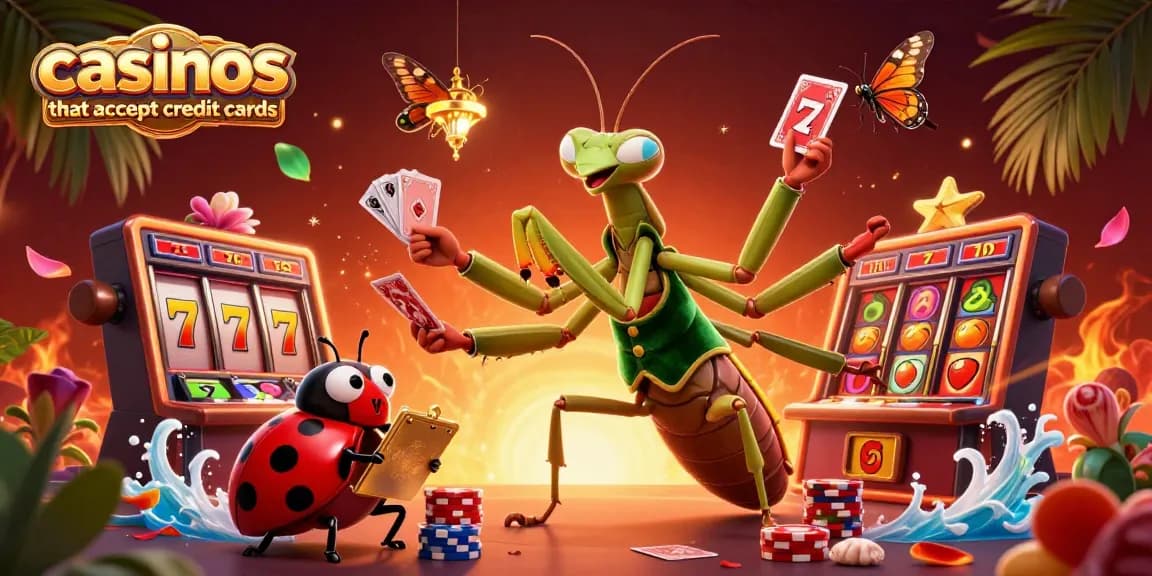 Immerse in the vibrant world of casinos that accept credit cards with a dynamic scene featuring a giant praying mantis and ladybug pit boss, celebrating casino excitement.
