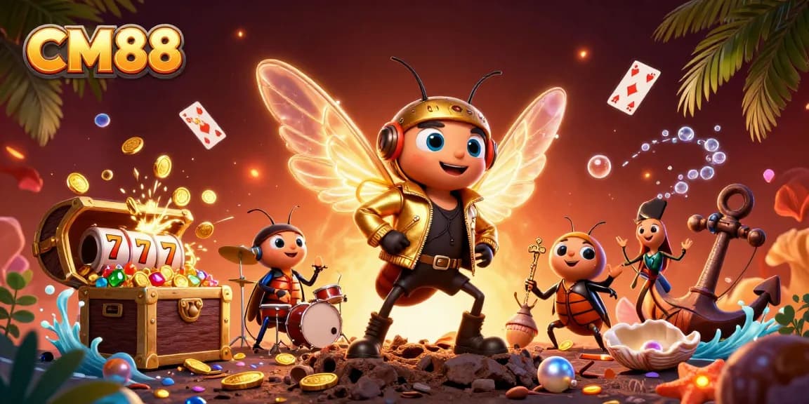 Experience thrilling gameplay with CM88’s vibrant casino scene featuring rock star and gold elements.