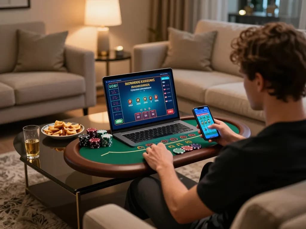 MM88 player enjoying blackjack on a laptop in a cozy home, showcasing a strategic online gaming experience