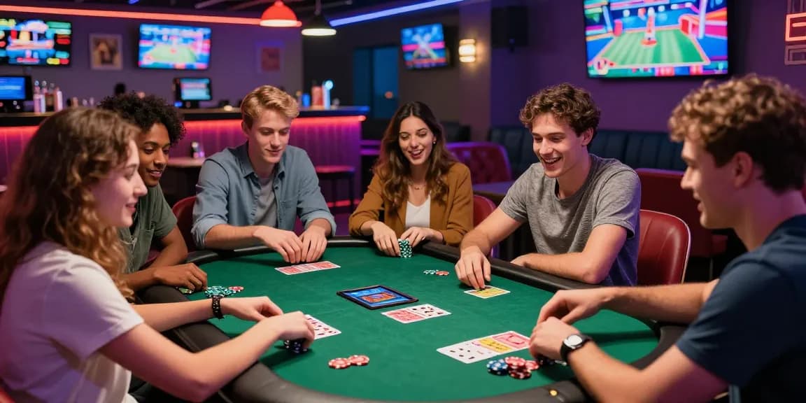 Excited group of friends at a credit card casino enjoying card games and lively interactions.
