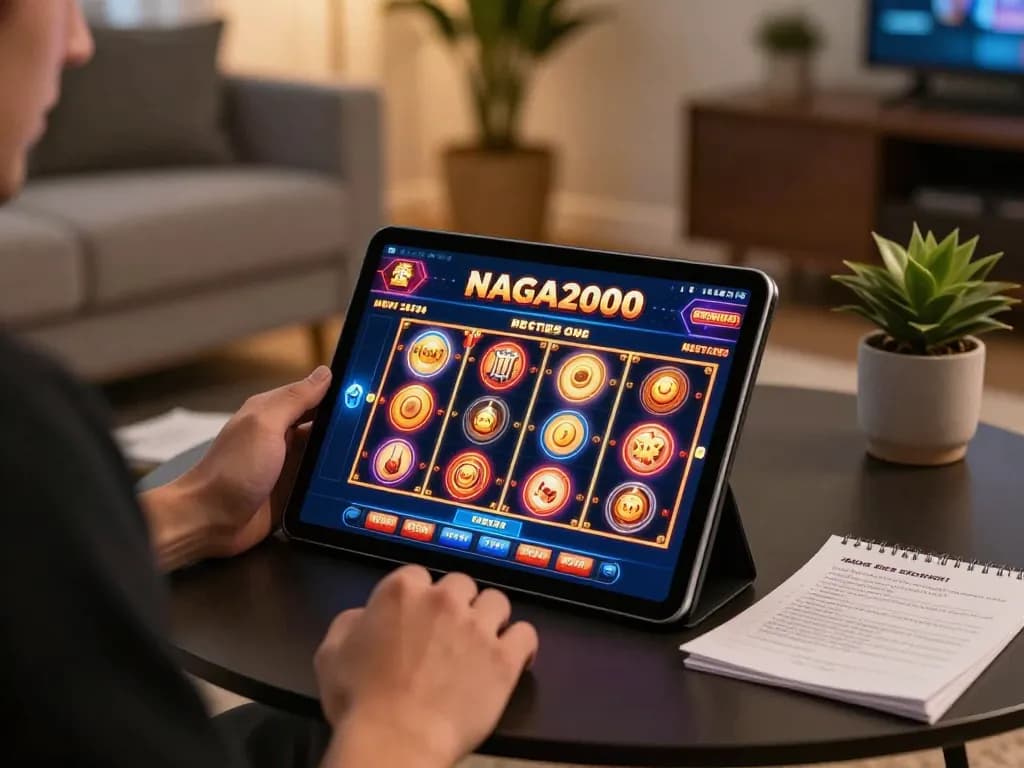 NAGA2000 online gambler enjoying interactive slot gameplay in a cozy setting, showcasing engaging gaming experience.