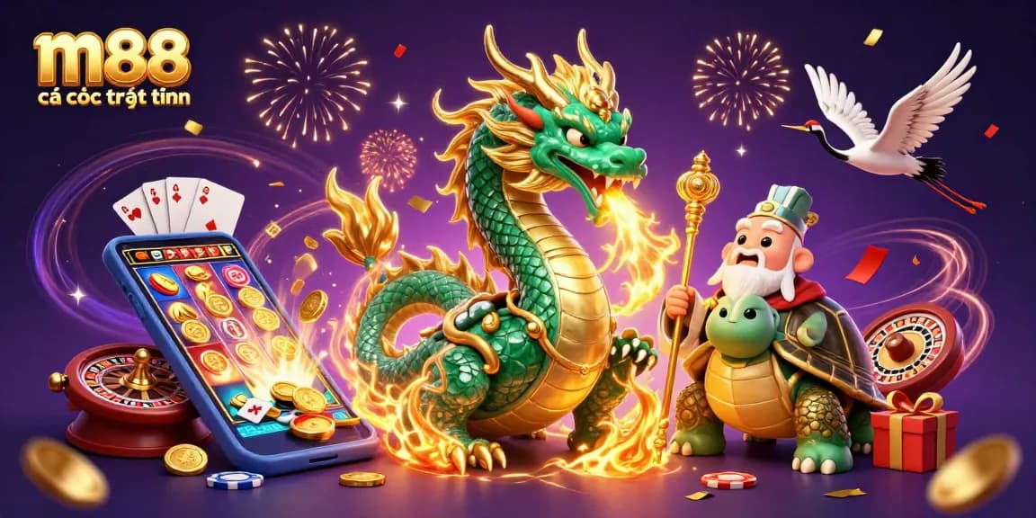 Tham gia với m88 cá cược trực tuyến với hình ảnh con rồng huyền bí và các yếu tố trò chơi trong một cảnh casino đầy hứng khởi.