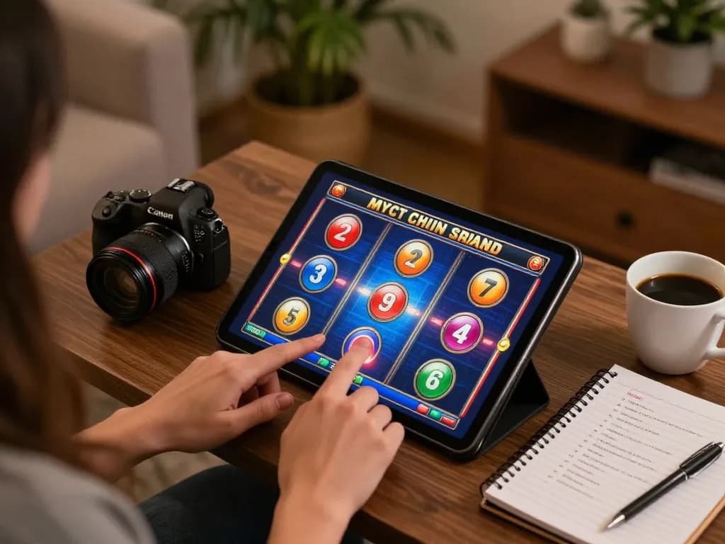 Spin the reels on a slot machine in a cozy home gaming setup with strategic notes and warm lighting.