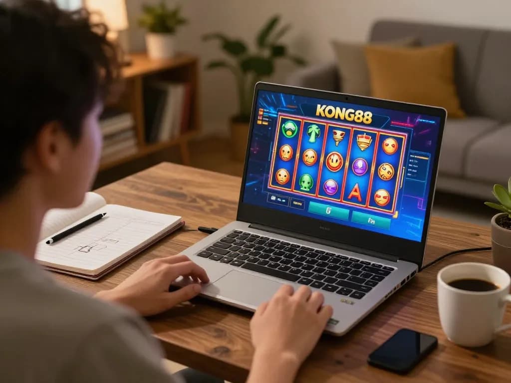 KONG88 online gaming interaction showcases exciting slot gameplay on a laptop in a cozy home setting