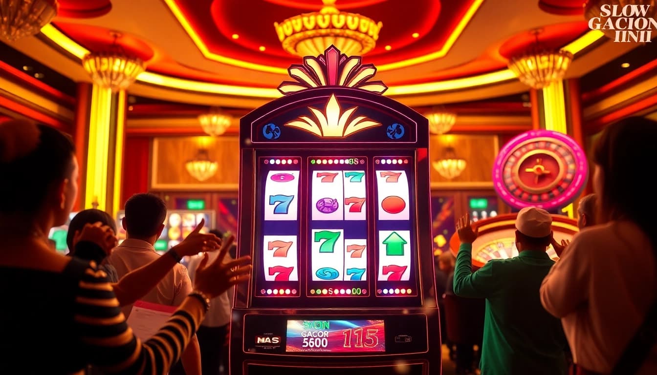 Engaging players at a vibrant casino showcasing the excitement of slot gacor hari ini with dynamic slot machines and rich decor.