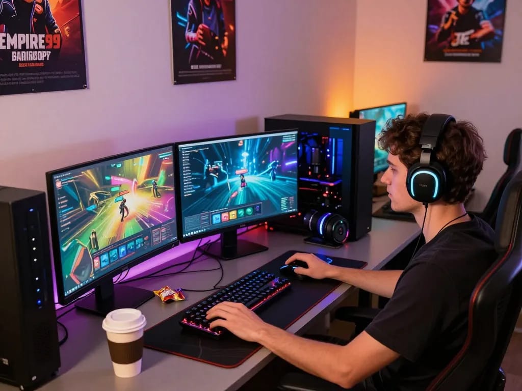 Installing Empire99 gaming platform in a vibrant, modern workspace with gaming gear and graphics.
