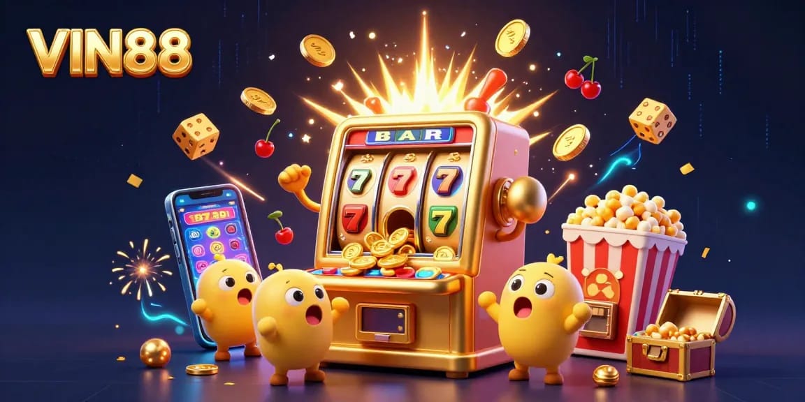 Spin to win with VIN88's dynamic casino scene of excited slot machines and bursting jackpots.