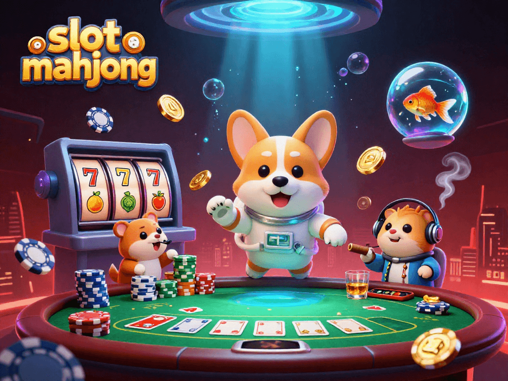 Engage with slot mahjong as a 3D cartoon astronaut corgi navigates a dynamic space casino scene.