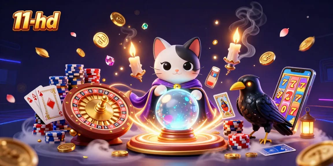 Engage with 11-hd's casino adventure featuring a mystical scene of a fortune teller cat and tarot raven amid spinning roulette and shimmering coins
