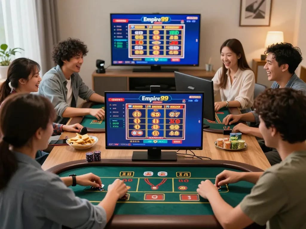Berinteraksi dengan empire99 saat teman-teman menikmati permainan judi online dalam suasana rumah yang meriah.