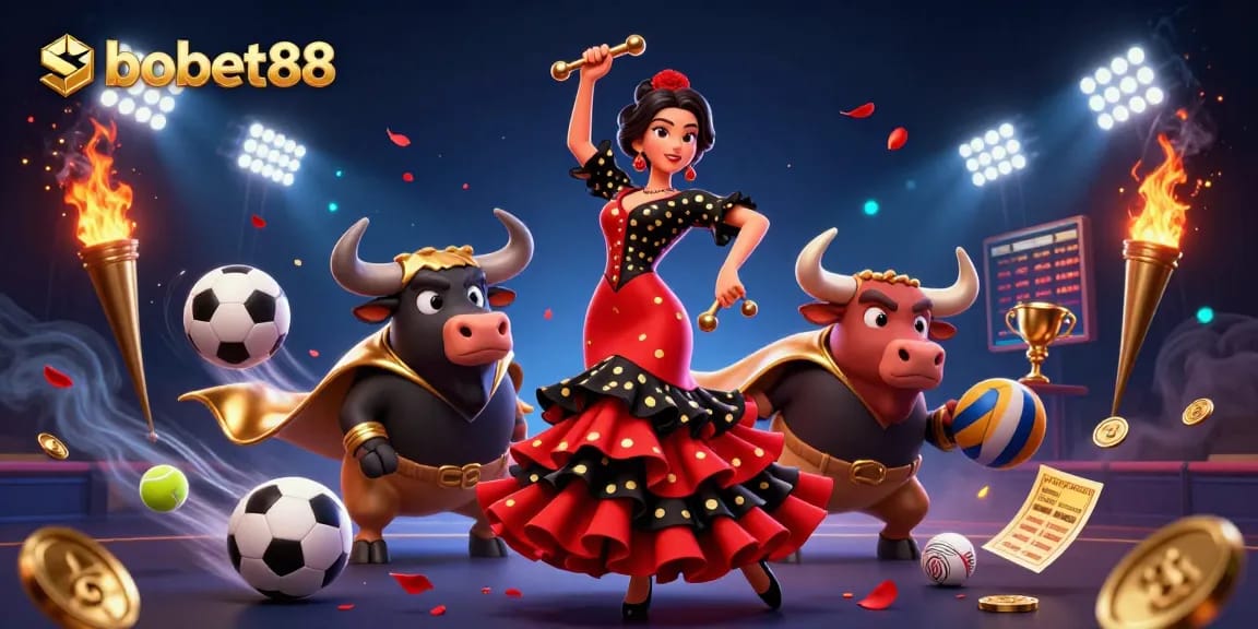 Sbobet88 showcases vibrant betting action with a 3D dancing woman and a fighting bull among dynamic sports elements.