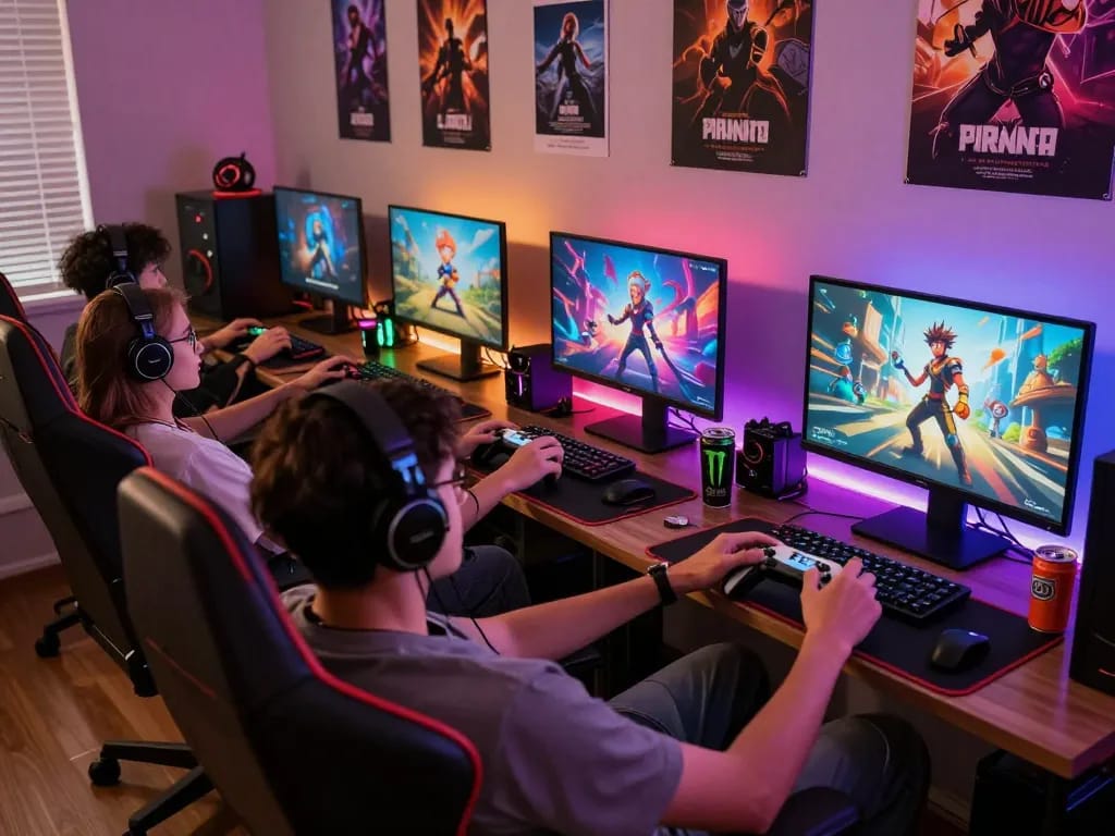 Players enjoying a porngame in a cozy gaming environment with animated characters and colorful decor.
