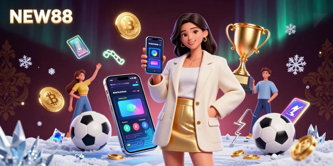 Engage with NEW88's dynamic sports betting scene featuring a friendly Asian woman showcasing innovative smartphone technology in a vibrant casino.