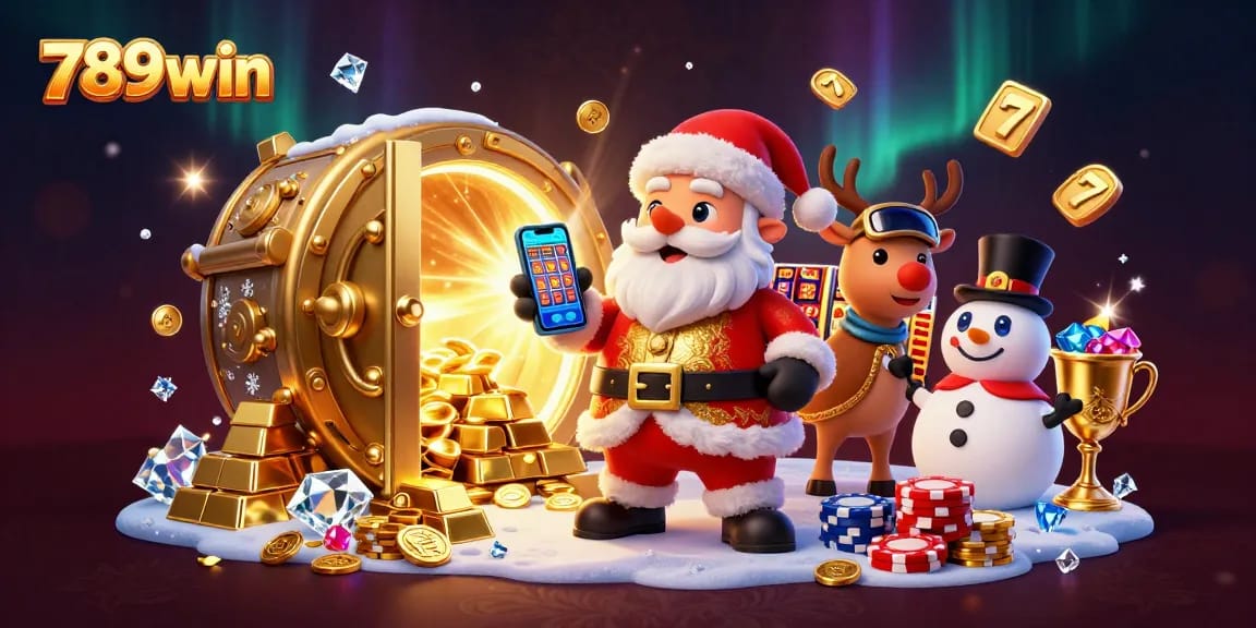 Enjoy thrilling wins at 789win, showcasing Santa and friends in a vibrant casino scene.