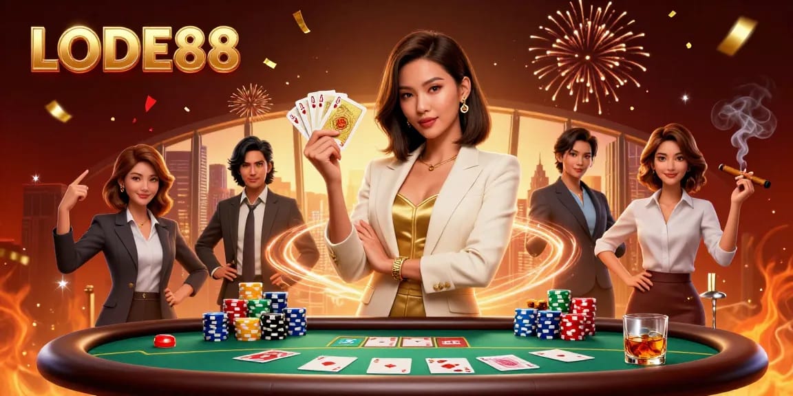 Play cards confidently at LODE88 with a glamorous businesswoman in a vibrant casino setting.