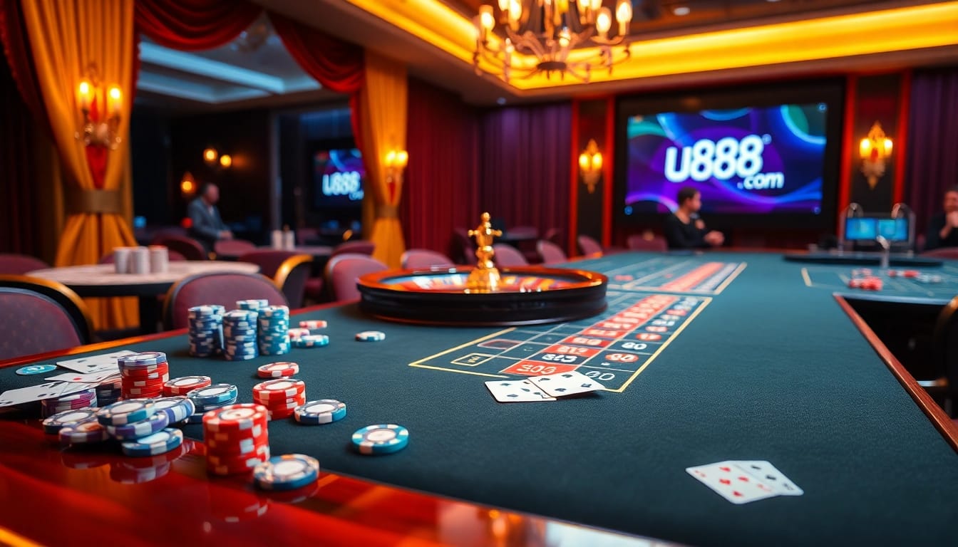 A thrilling game scene at u888 com's online casino table with vibrant colors and luxury decor.
