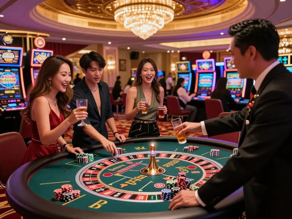 Exciting casino hong kong scene with friends celebrating at roulette table, vibrant atmosphere of Macau.