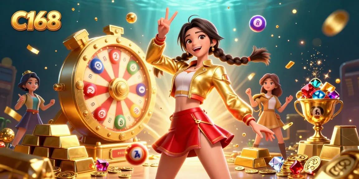 C168 interactive casino illustration showcasing a stunning Asian woman amidst festive gambling elements