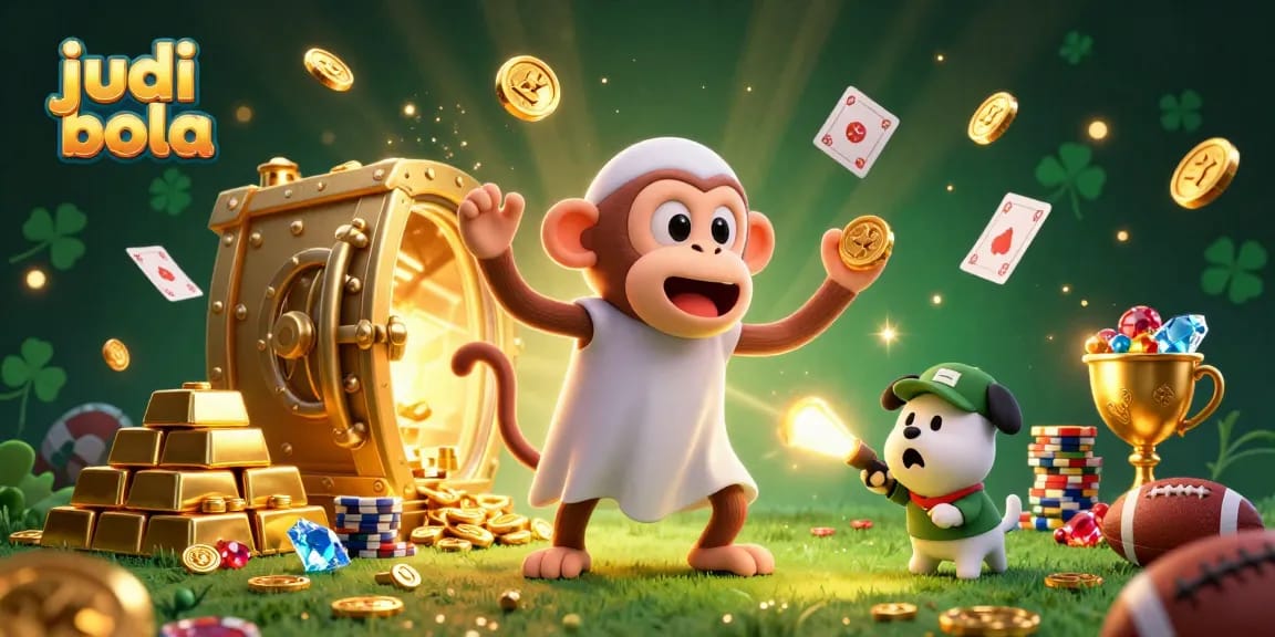 Engage in judi bola with a mischievous monkey juggling golden treasures in a fun betting scene.