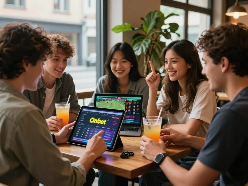 Engaging scene of friends using the Onbet app at a cafe, discussing sports betting strategies.