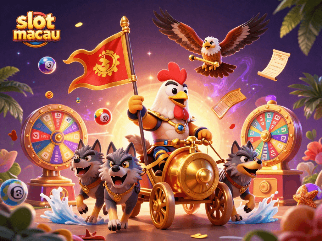 Win big with slot macau as a cartoon rooster warlord leads a vibrant casino battle.