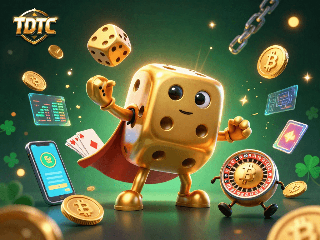 Play dynamic TDTC games with golden dice and vibrant crypto elements in this rich illustration.