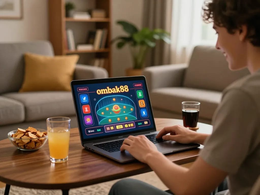 Orang menikmati permainan judi online ombak88 di laptop di ruang tamu yang nyaman.