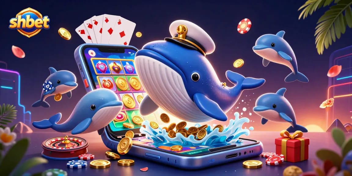 Experience winning moments at shbet with a playful whale and dolphins celebrating over coins and games.