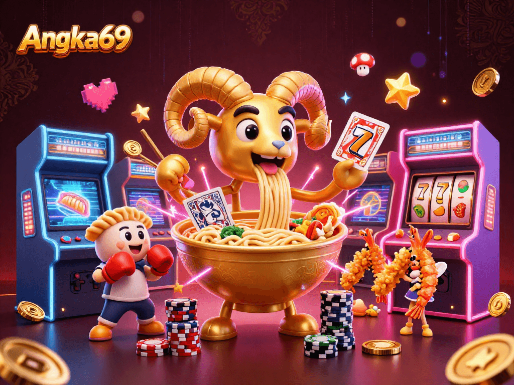 Engage with Angka69's thrilling slot gameplay featuring vibrant characters like a golden ramen bowl and sushi dealer.