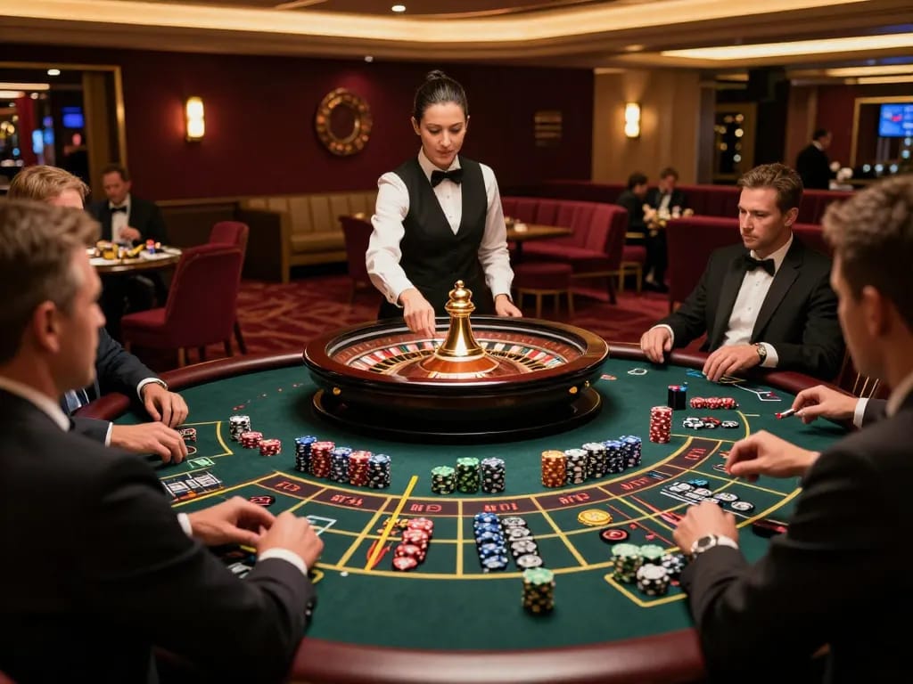 Players engaged at a roulette table in aman788 casino, showcasing a thrilling gambling experience.