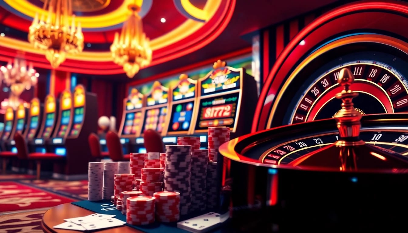 Antarmuka permainan yang cerah dari aman788 yang menampilkan mesin slot dan chip poker.