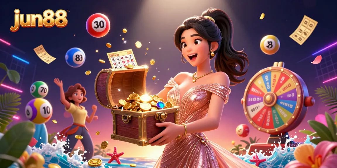 Experience the thrill of winning at jun88 with a vibrant treasure chest overflowing with riches.