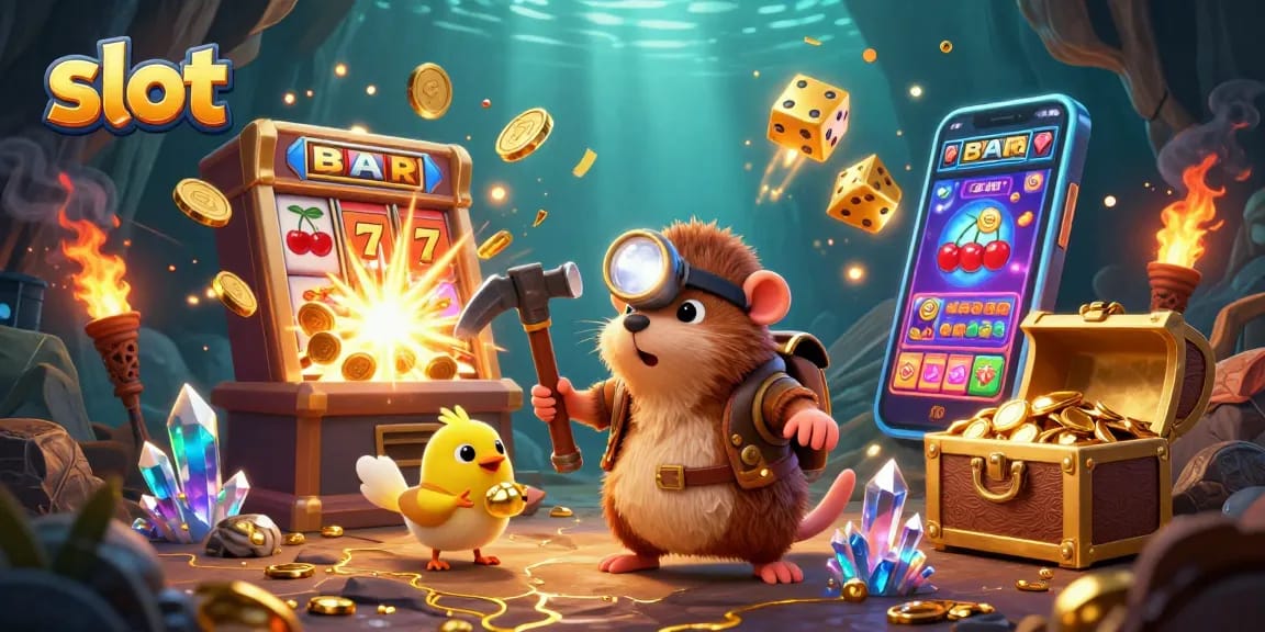 Slot menarik dengan karakter pencari harta karun menggali emas dan simbol keberuntungan tersebar di sekitar.