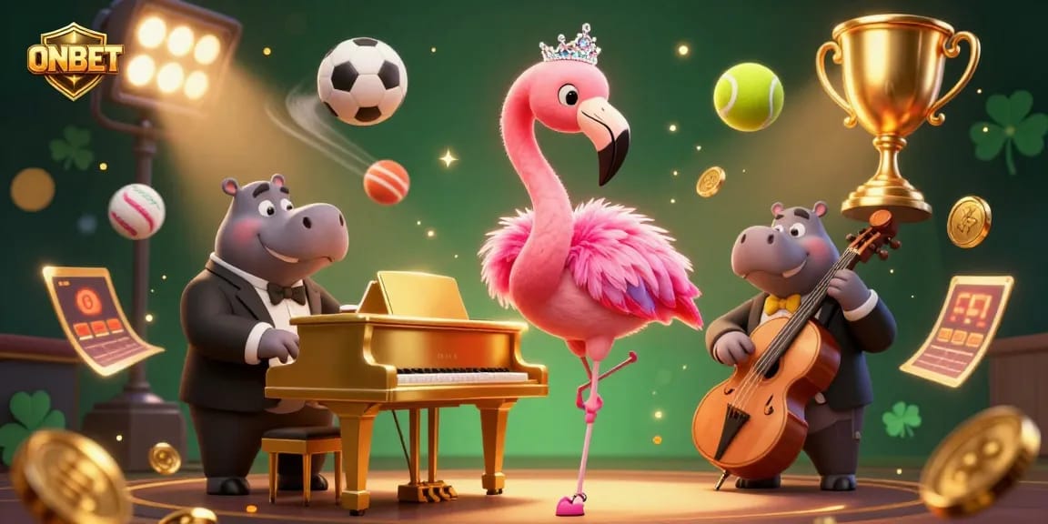 Play thrilling casino games with ONBET, featuring vibrant characters and dynamic sports elements.