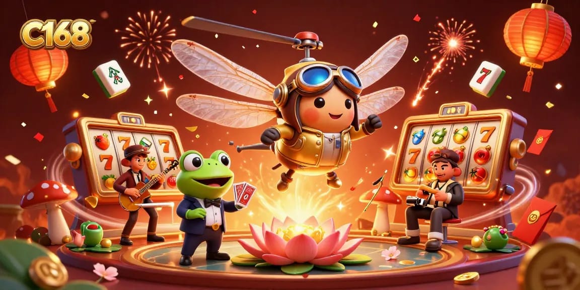C168 promotes thrilling slot gaming with a vibrant dragonfly pilot and festive casino atmosphere.