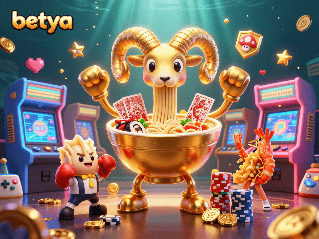 Experience the vibrant betya casino ambiance with a golden ramen bowl dealer amidst arcade games.